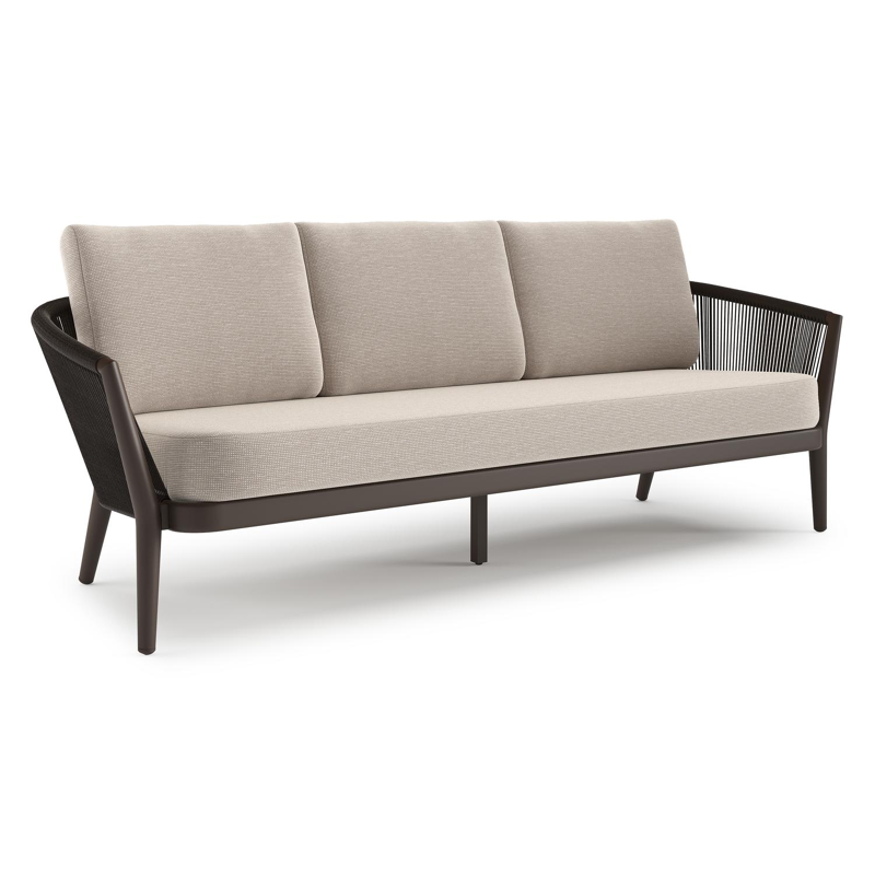 Orso loungebank in donkerbruin aluminium en donkerbruin verticaal geweven ronde rope met Slow Farafra all weather sunbrella® luxe kussen