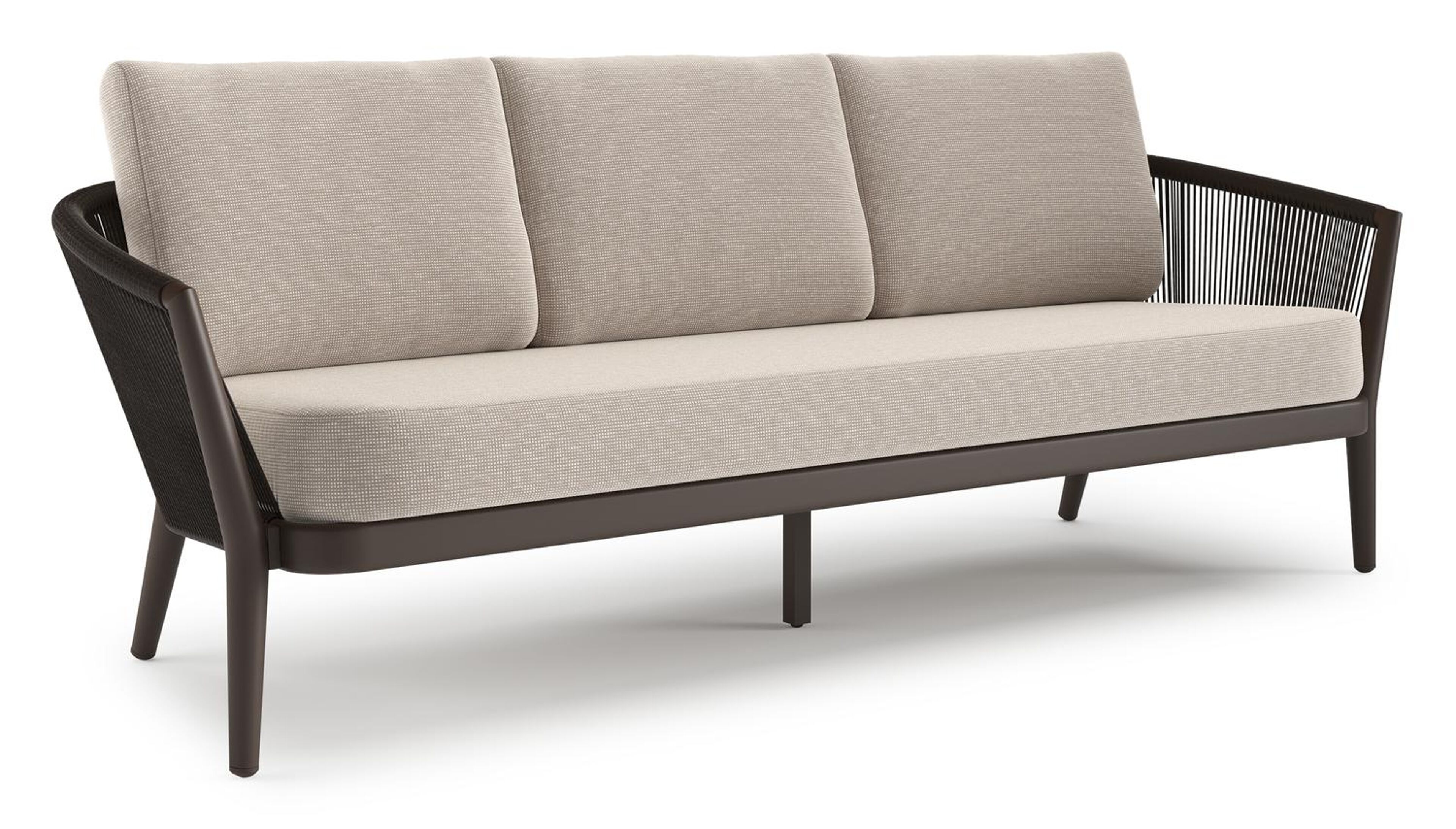 Orso loungebank in donkerbruin aluminium en donkerbruin verticaal geweven ronde rope met Slow Farafra all weather sunbrella® luxe kussen