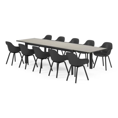 Ensemble de jardin Aspra avec table extensible en aluminium noir avec plateau de table en céramique pleine sur verre gris et 10 chaises de jardin Puglia