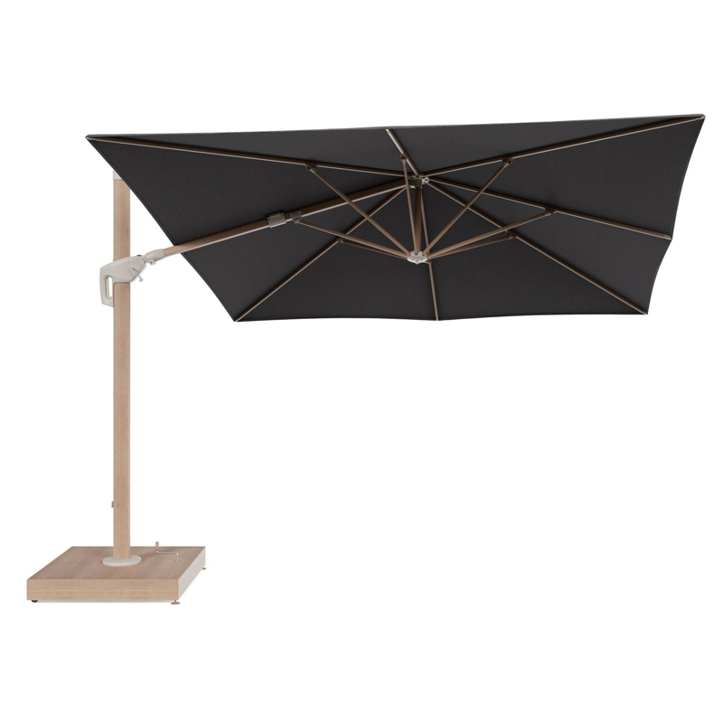 Minore zweefparasol met tiltfunctie in houtlook aluminium en Firenze Tunder All Weather Solica parasoldoek - L1 350 x L2 350 cm met parasolvoet Minore 260 kg met wielen