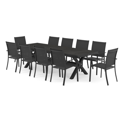 Ensemble de jardin Reza en aluminium noir avec plateau de table en céramique pleine noir et 10 chaises de jardin empilables Calobra