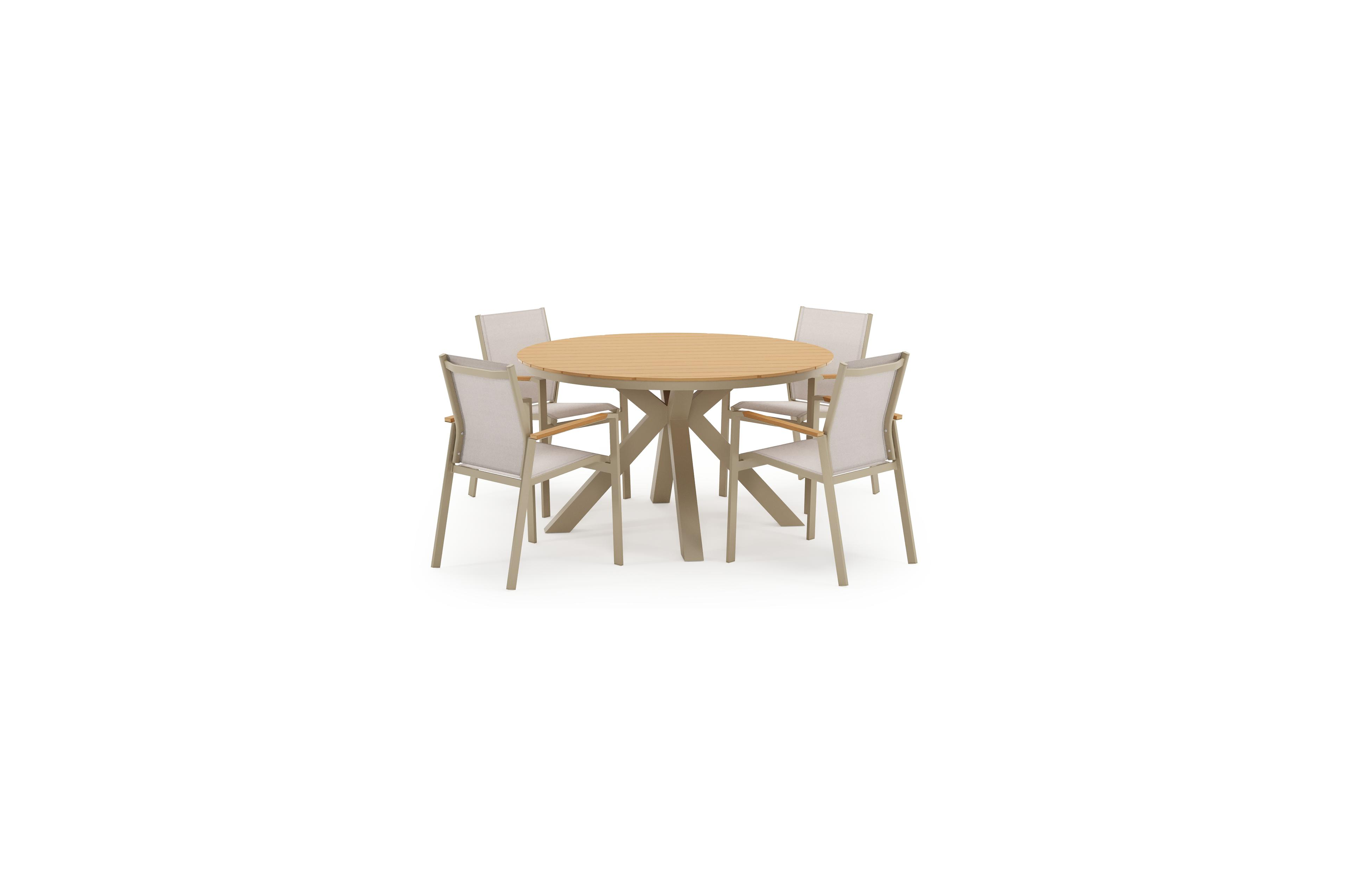 Ensemble de jardin Tora en aluminium beige et polywood avec 4 chaises de jardin empilable Bahia