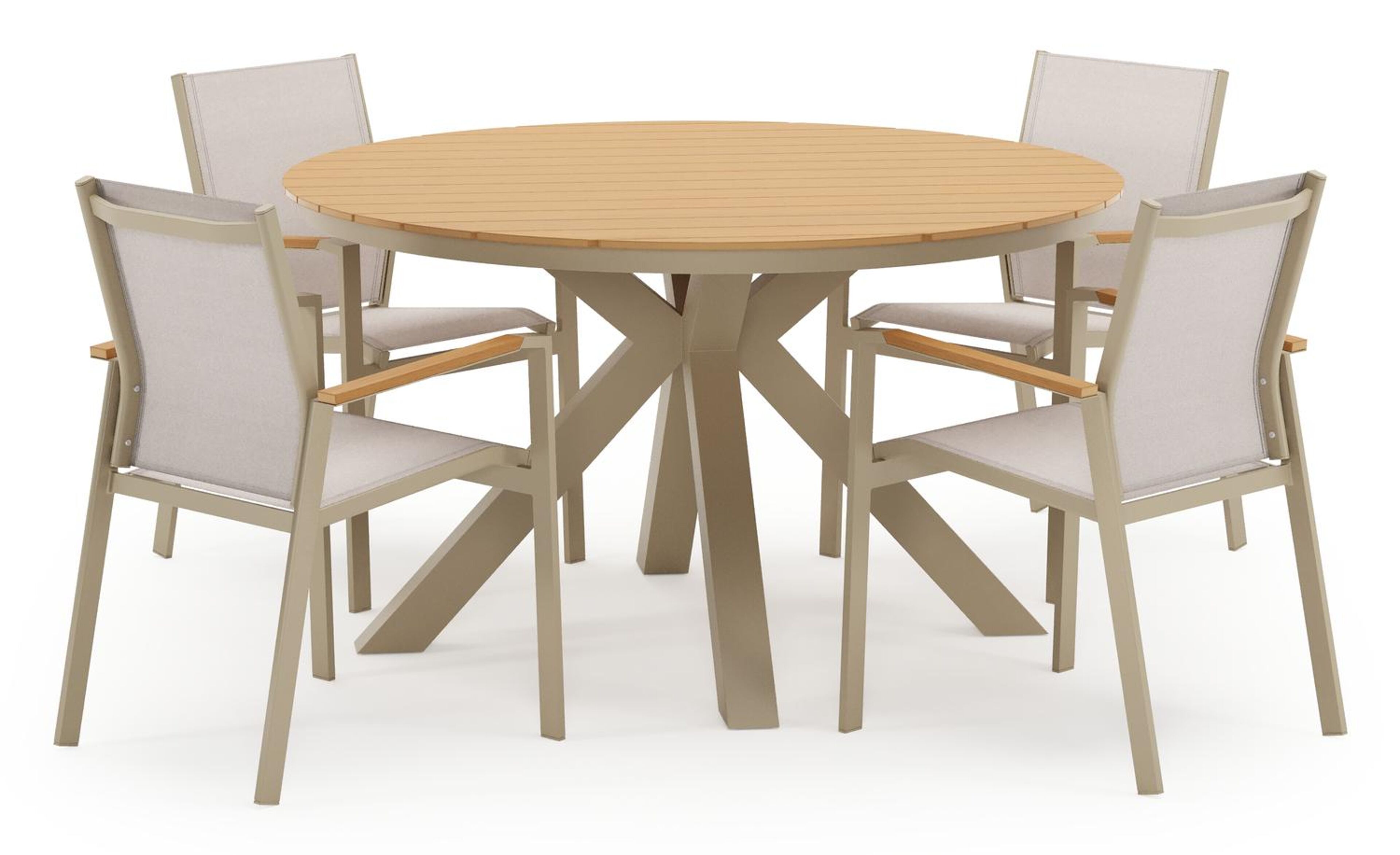 Tora tuinset in beige aluminium en polywood met 4 stapelbare Bahia tuinstoelen