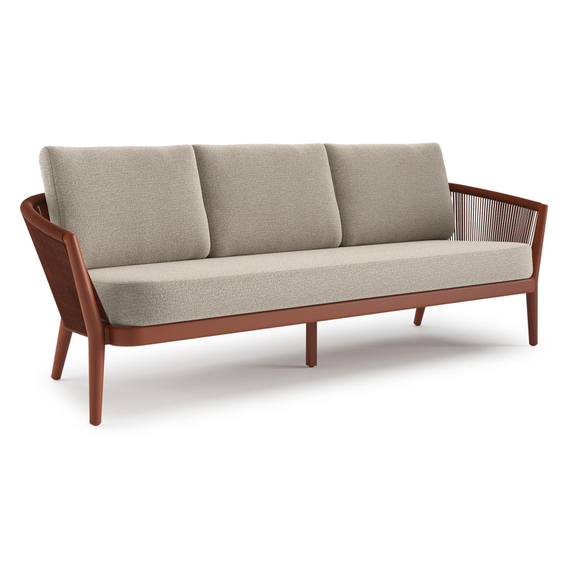 Orso loungebank in roestbruin aluminium en roestbruin verticaal geweven ronde rope met Catania Sand all weather cosytica kussen