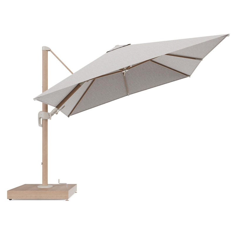 Rufina zweefparasol met tiltfunctie in houtlook aluminium en Tundra Sand All Weather Sunbrella® Luxe parasoldoek - L1 300 x L2 300 cm met parasolvoet Minore 260 kg met wielen