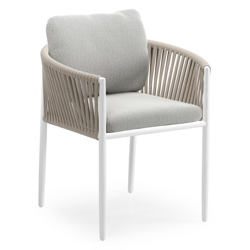 Organo tuinstoel in wit aluminium en beige verticaal geweven luxe vlakke rope met zitkussen in All Weather Sunbrella® Luxe Savane Nimbus