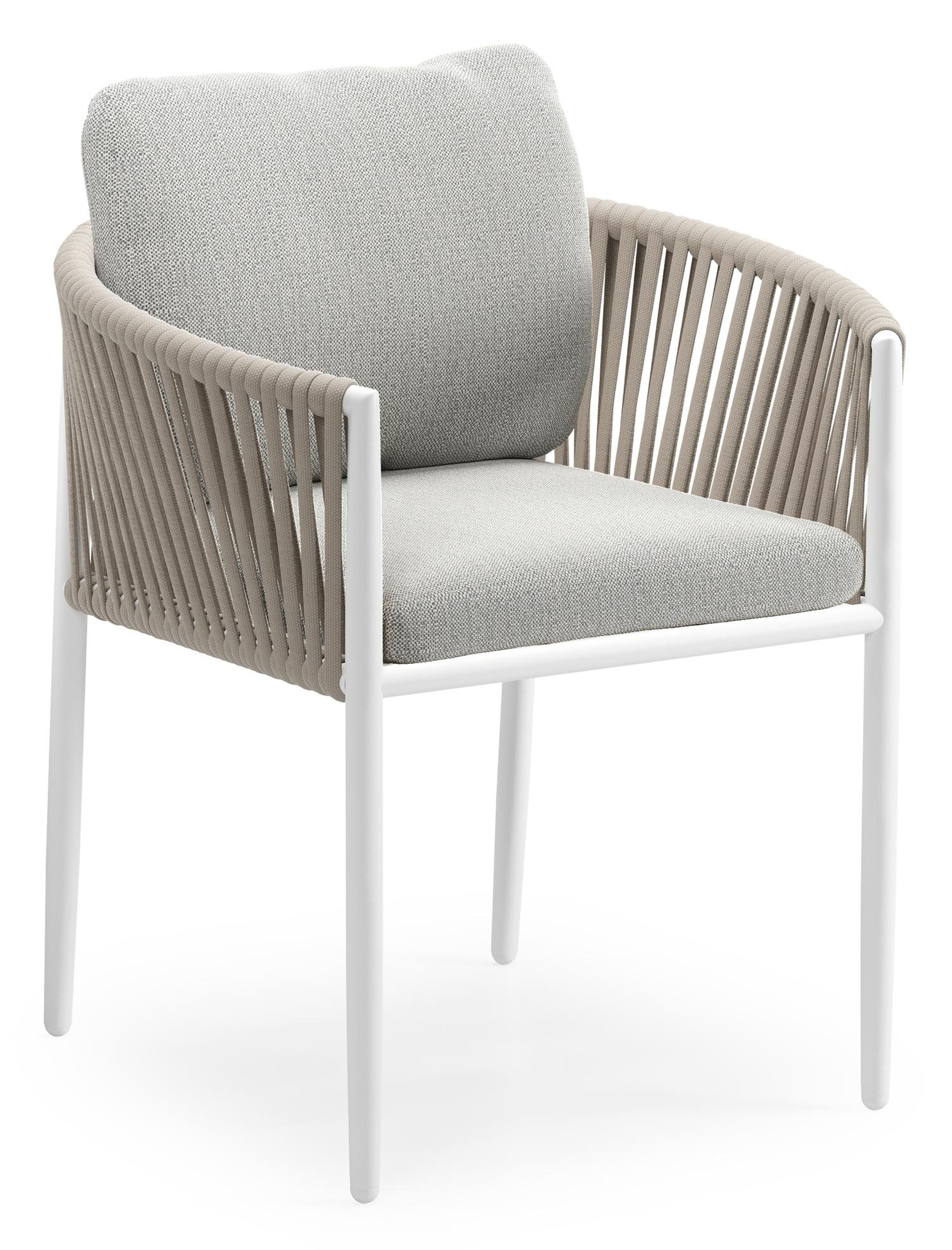 Organo tuinstoel in wit aluminium en beige verticaal geweven luxe vlakke rope met zitkussen in All Weather Sunbrella® Luxe Savane Nimbus