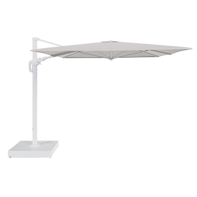 Minore zweefparasol met tiltfunctie in wit aluminium en Tundra Sand All Weather Sunbrella® Luxe parasoldoek - L1 400 x L2 300 cm met parasolvoet Minore 260 kg met wielen