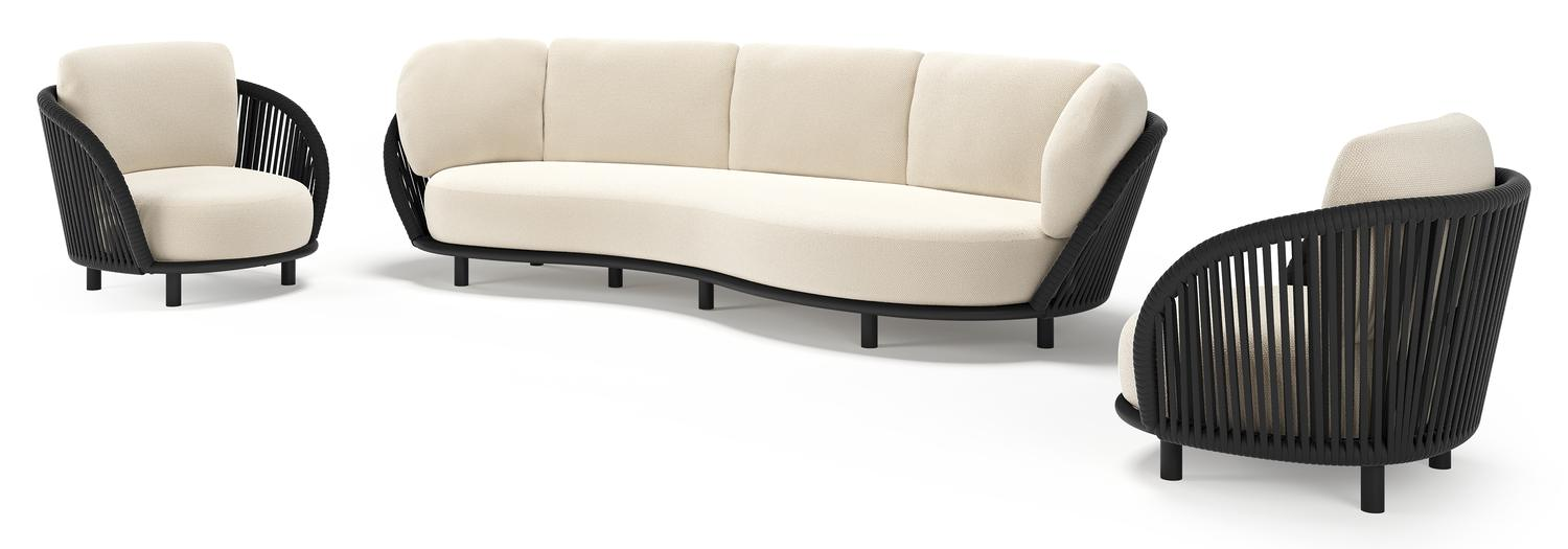 Lupino loungeset in zwart aluminium en zwart verticaal geweven luxe vlakke brede rope met althea off white all weather cosytica kussen