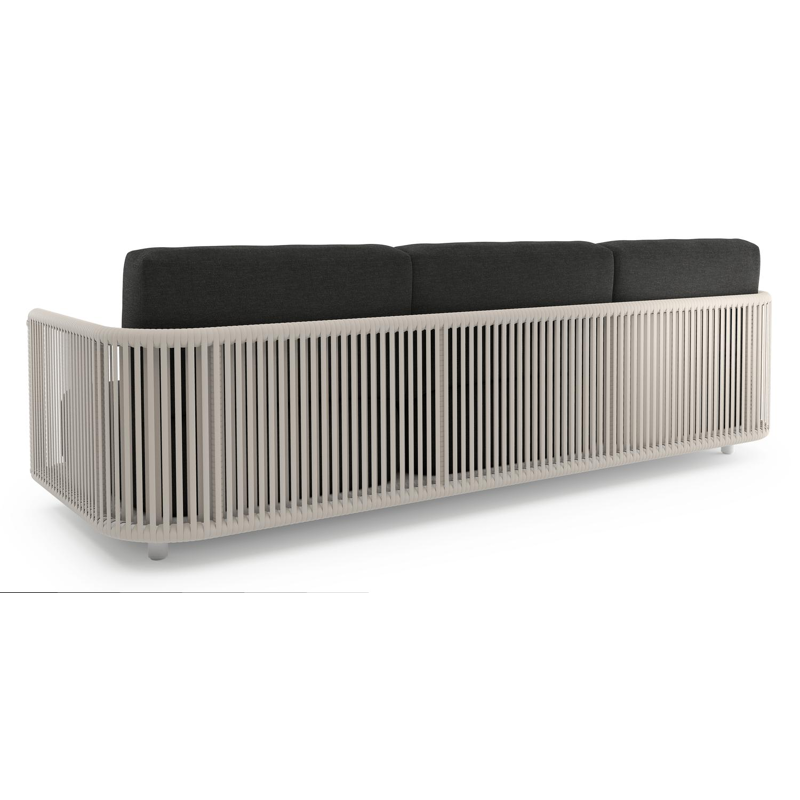 Organo loungebank in wit aluminium en beige verticaal geweven luxe vlakke rope met chartres sooty all weather Sunbrella® luxe kussen