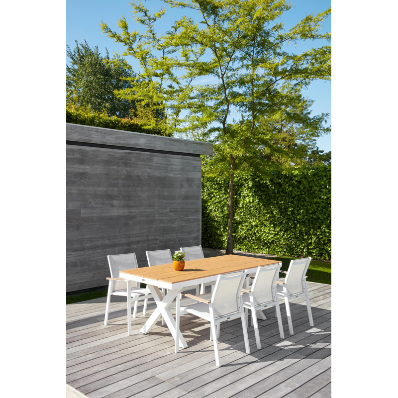 Ensemble de jardin Bahia en aluminium blanc avec plateau de table en polywood et 6 chaises de jardin empilables Bahia