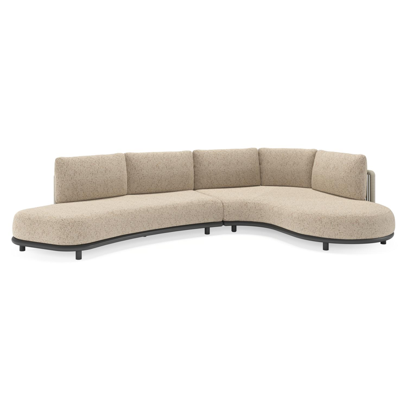 Salon de jardin d'angle Lomano en aluminium noir et corde luxe plate tissée verticalement beige et coussins en all weather cosytica Bora Jungle