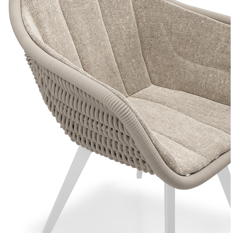 Pagino tuinstoel in wit aluminium en beige verticaal geweven ronde rope met zitkussen in All Weather Sunbrella® Luxe Chartres Pewter