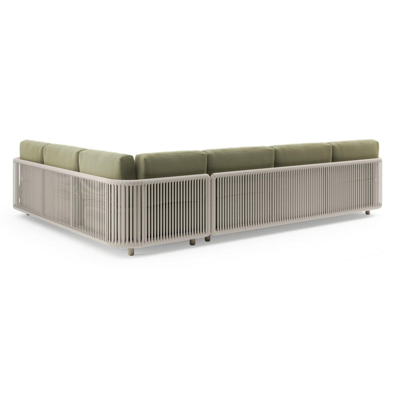 Organo loungehoek in beige aluminium en beige verticaal geweven luxe vlakke rope met heritage leaf all weather Sunbrella® luxe kussen