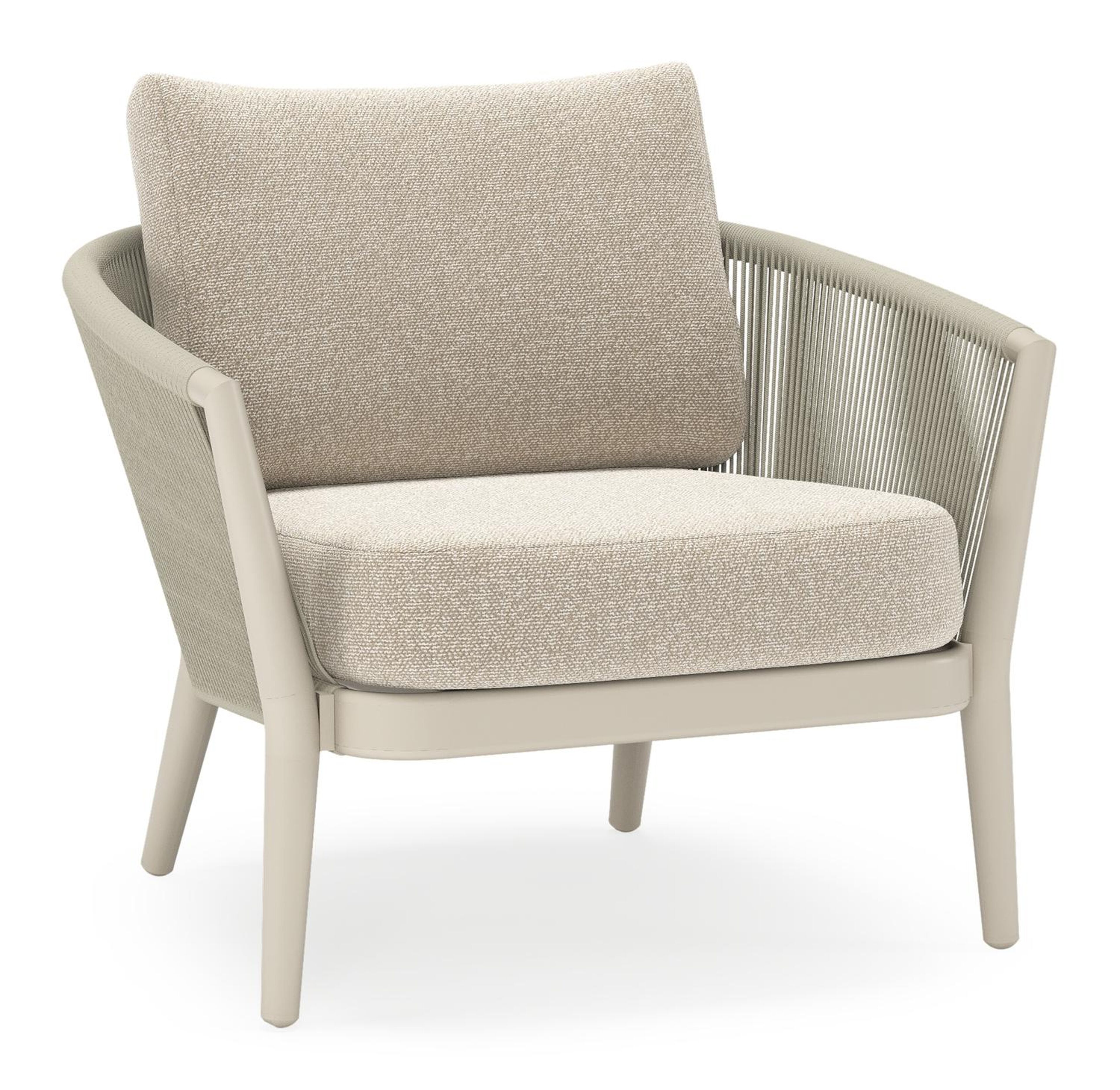 Orso loungestoel in beige aluminium en beige verticaal geweven ronde rope met Marbella Ecru all weather cosytica kussen
