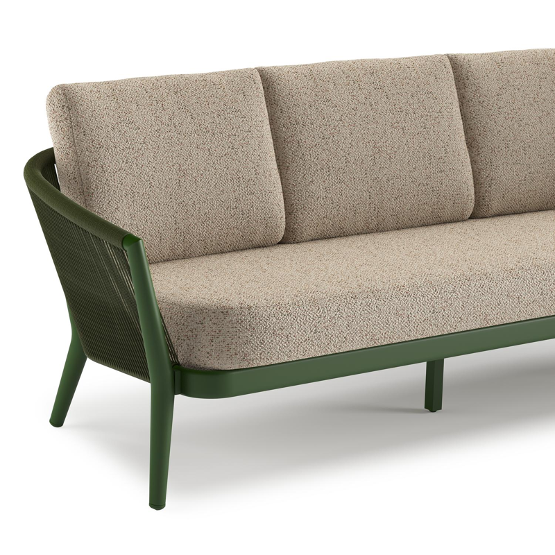 Orso loungeset in groen aluminium en groen verticaal geweven ronde rope met Bora Jungle all weather cosytica kussen