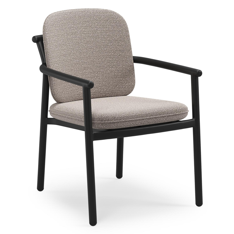 Chaise de jardin empilable Bono en aluminium noir et aluminium noir avec coussin en All Weather Sunbrella® Luxe Wander Granite