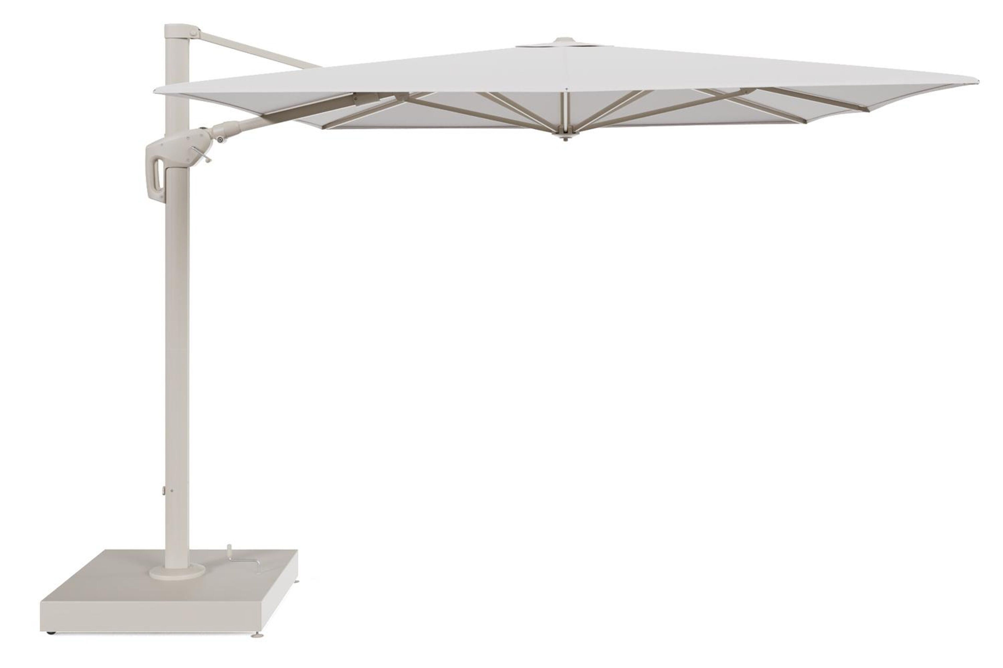 Minore zweefparasol met tiltfunctie in beige aluminium en Ego Eggshell All Weather Solica parasoldoek - L1 400 x L2 300 cm met parasolvoet Minore 260 kg met wielen