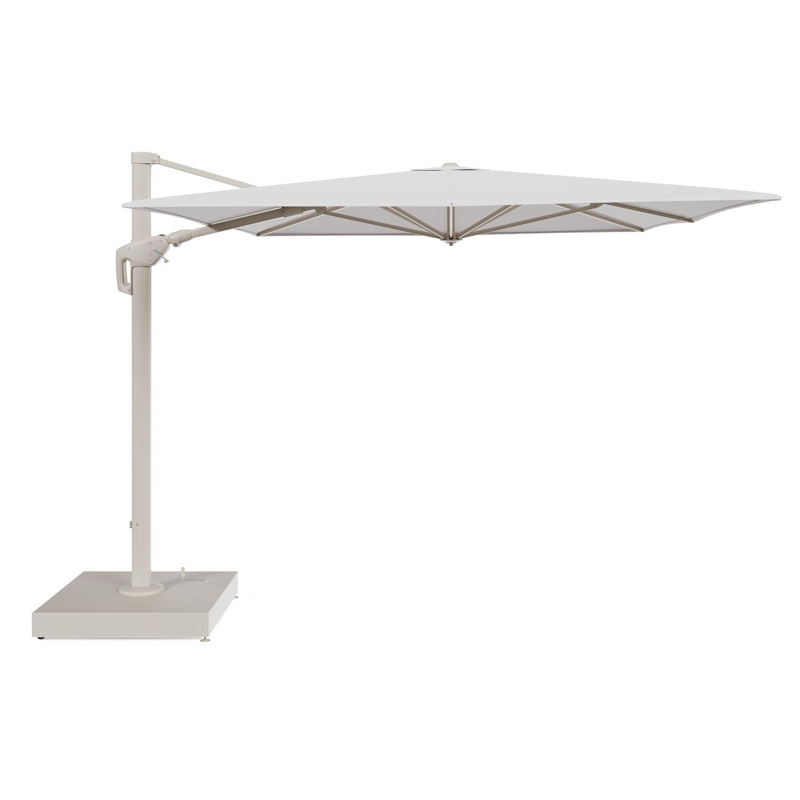 Minore zweefparasol met tiltfunctie in beige aluminium en Ego Eggshell All Weather Solica parasoldoek - L1 400 x L2 300 cm met parasolvoet Minore 260 kg met wielen