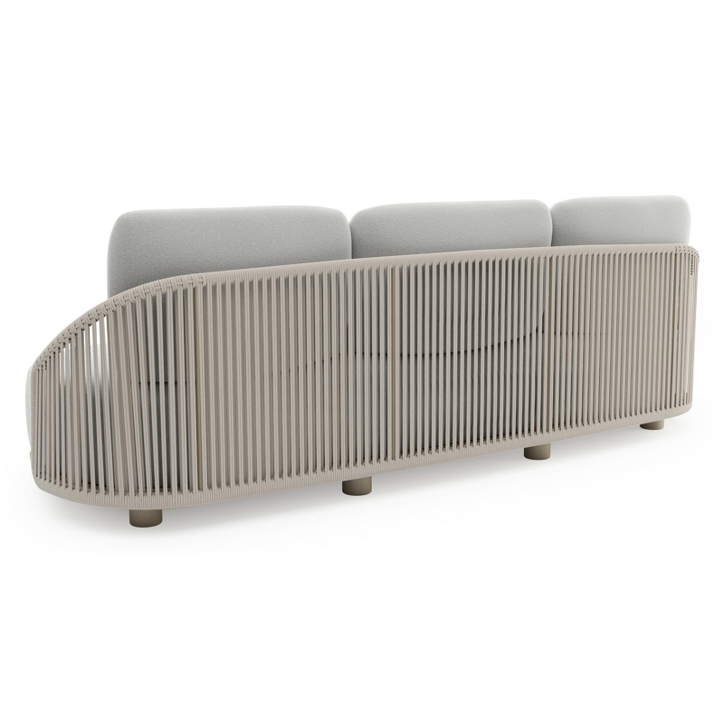 Canapé de jardin Vadelo en aluminium beige et corde ronde tissée verticalement beige et coussins en all weather sunbrella® luxe natte grey chine