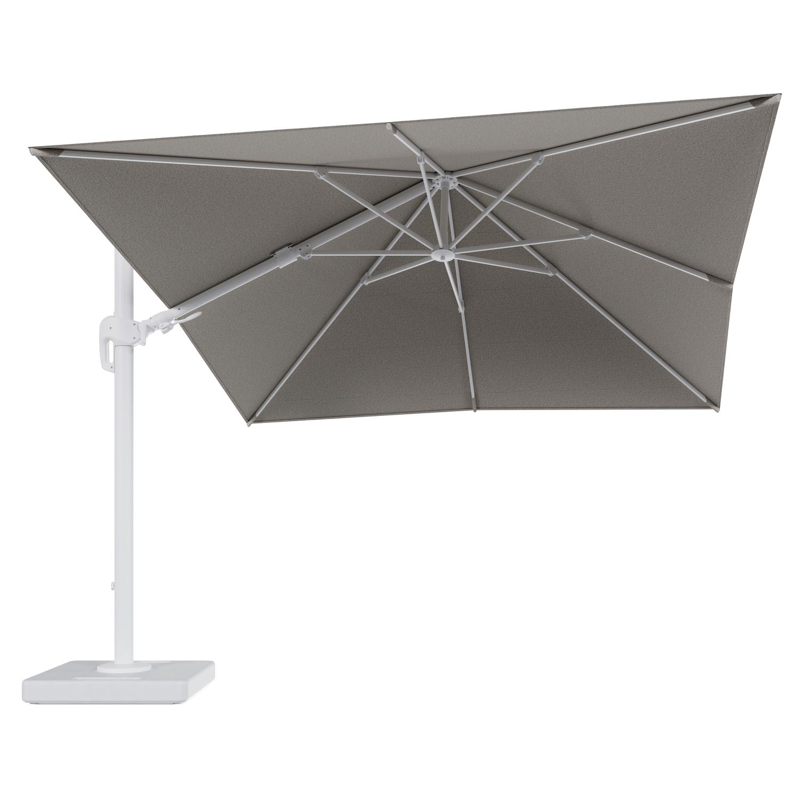 Parasol pendant Rufina avec fonction tilt en aluminium blanc et toile de parasol en All Weather Solica Firenze Sand - Lg.1 300 x Lg.2 300 cm avec pied de parasol Lapido 160 kg
