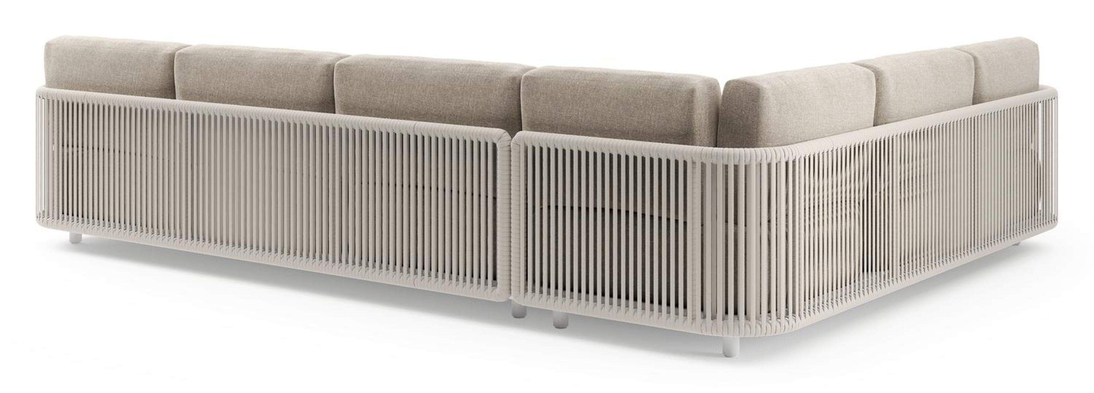 Organo loungehoek in wit aluminium en beige verticaal geweven luxe vlakke rope met chartres pewter all weather sunbrella® luxe kussens