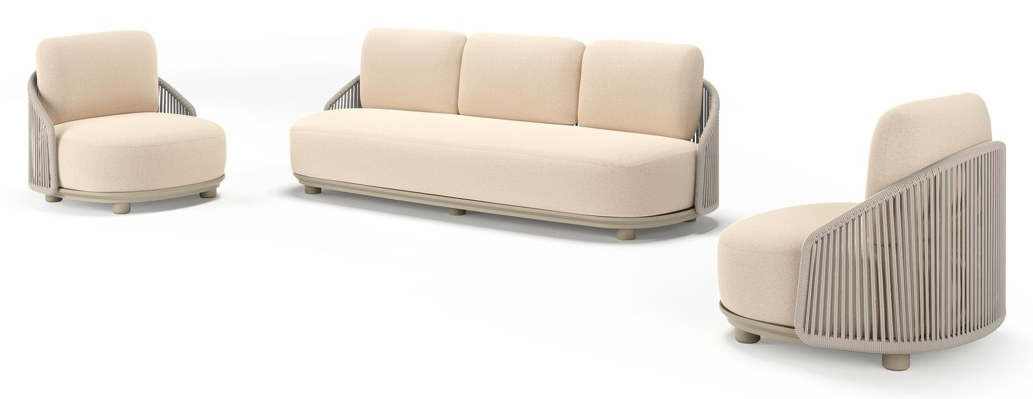 Vadelo loungeset in beige aluminium en beige verticaal geweven ronde rope met heritage papyrus all weather sunbrella® luxe kussen