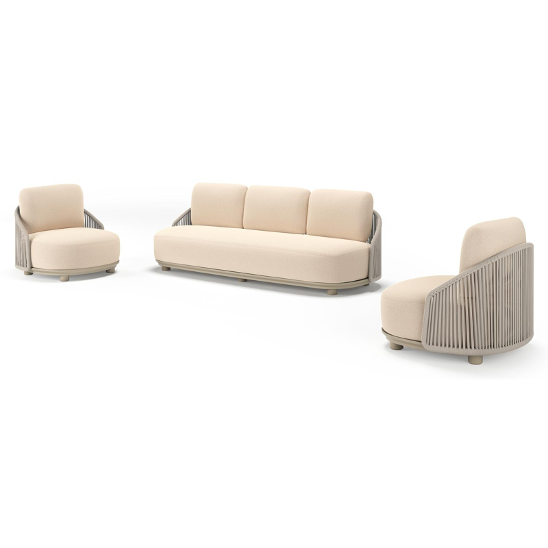 Salon de jardin Vadelo en aluminium beige et corde ronde tissée verticalement beige et coussins en all weather sunbrella® luxe heritage papyrus