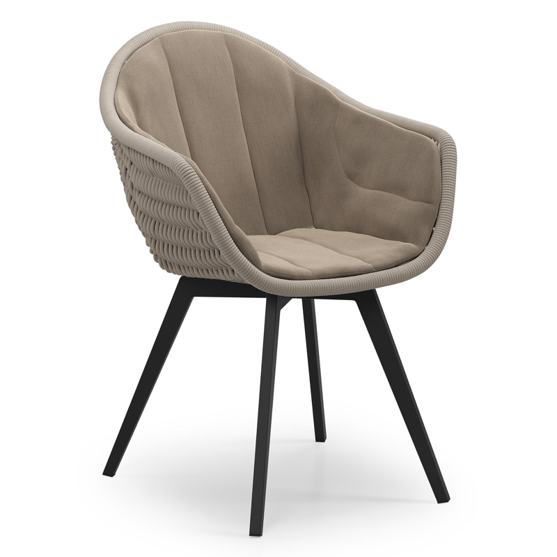 Pagino tuinstoel in zwart aluminium en beige verticaal geweven ronde rope met zitkussen in All Weather Sunbrella® Luxe Natte Heather Grey