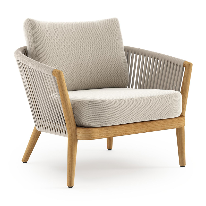 Orso loungestoel in teak en beige verticaal geweven luxe vlakke rope met Lopi Marble all weather sunbrella® luxe kussen