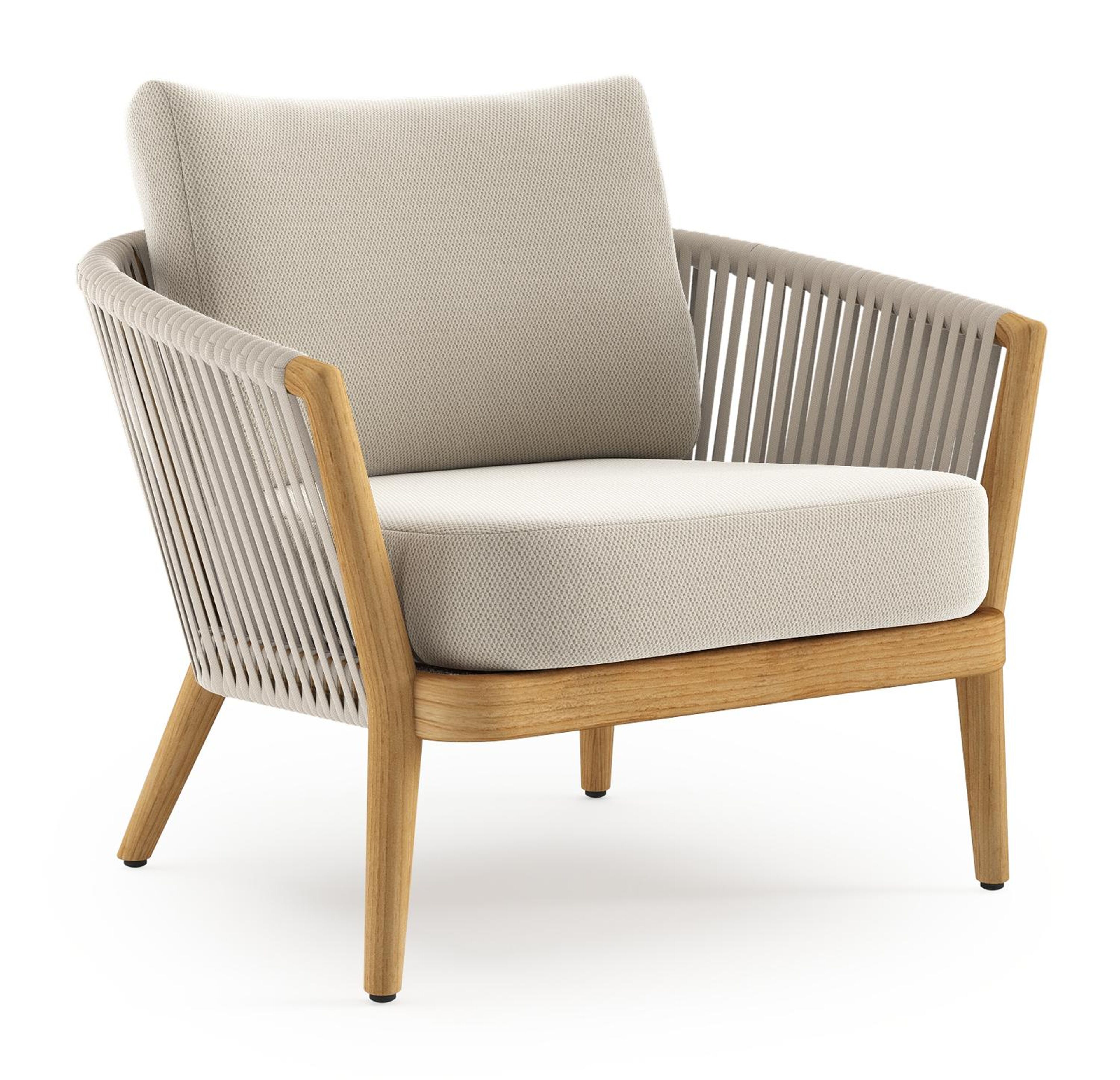 Orso loungestoel in teak en beige verticaal geweven luxe vlakke rope met Lopi Marble all weather sunbrella® luxe kussen