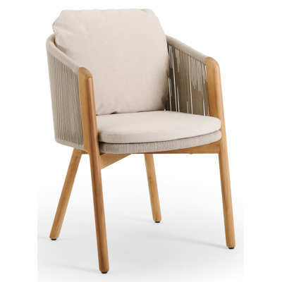 Gardo tuinstoel in teak en beige verticaal geweven ronde rope met kussen in heritage papyrus all weather sunbrella® luxe