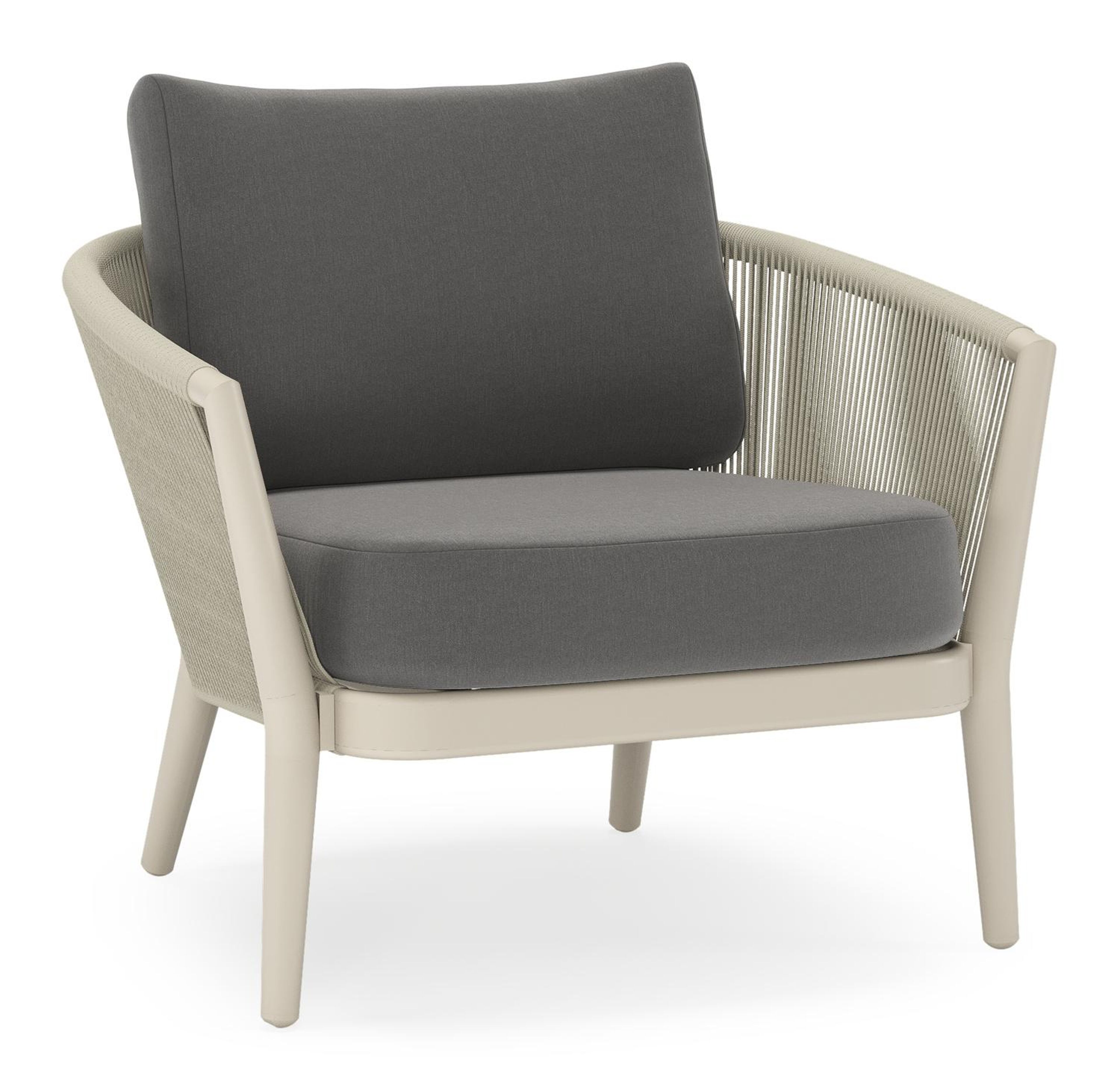 Orso loungestoel in beige aluminium en beige verticaal geweven ronde rope met Natte Charcoal Chine all weather sunbrella® luxe kussen