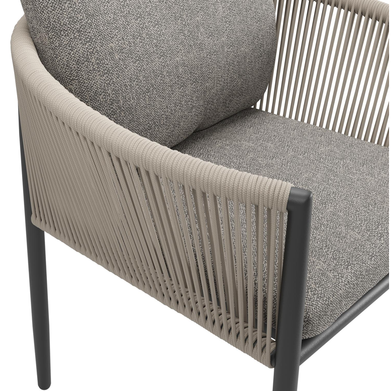 Organo tuinstoel in zwart aluminium en zwart verticaal geweven ronde rope met stoelkussen in All Weather Sunbrella® Luxe Chartres Drizzle