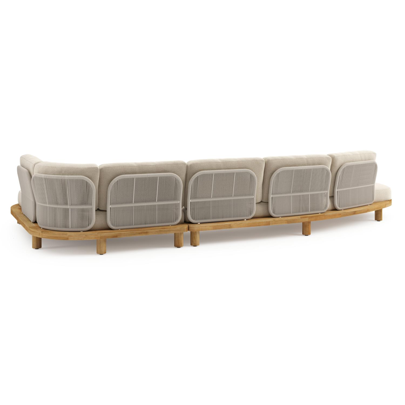 Donato loungehoek in teak en beige verticaal geweven ronde rope met all weather cosytica Althea Chalk kussen