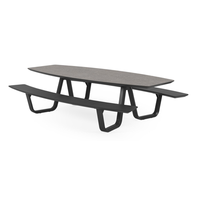 Forno picknicktafel bootvorm in zwart aluminium en volkeramiek wulong tafelblad - L 280 x B 192 x 72 cm