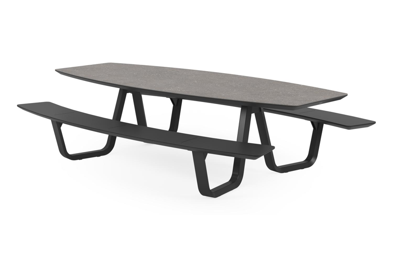 Forno picknicktafel bootvorm in zwart aluminium en volkeramiek wulong tafelblad - L 280 x B 192 x 72 cm