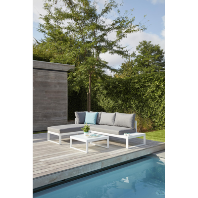 Caldela loungehoek in wit aluminium met grijs polyester kussens en loungetafel