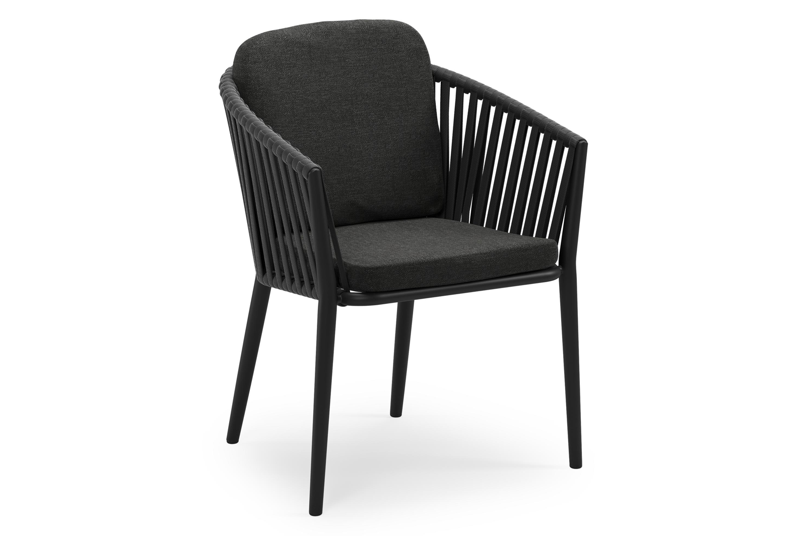 Orso stapelbare tuinstoel in zwart aluminium en zwart verticaal geweven luxe vlakke brede rope met stoelkussen in All Weather Sunbrella® Luxe Chartres Sooty