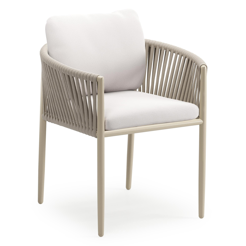 Organo tuinstoel in beige aluminium en beige verticaal geweven luxe vlakke rope met zitkussen in All Weather Sunbrella® Luxe Savane Whisper