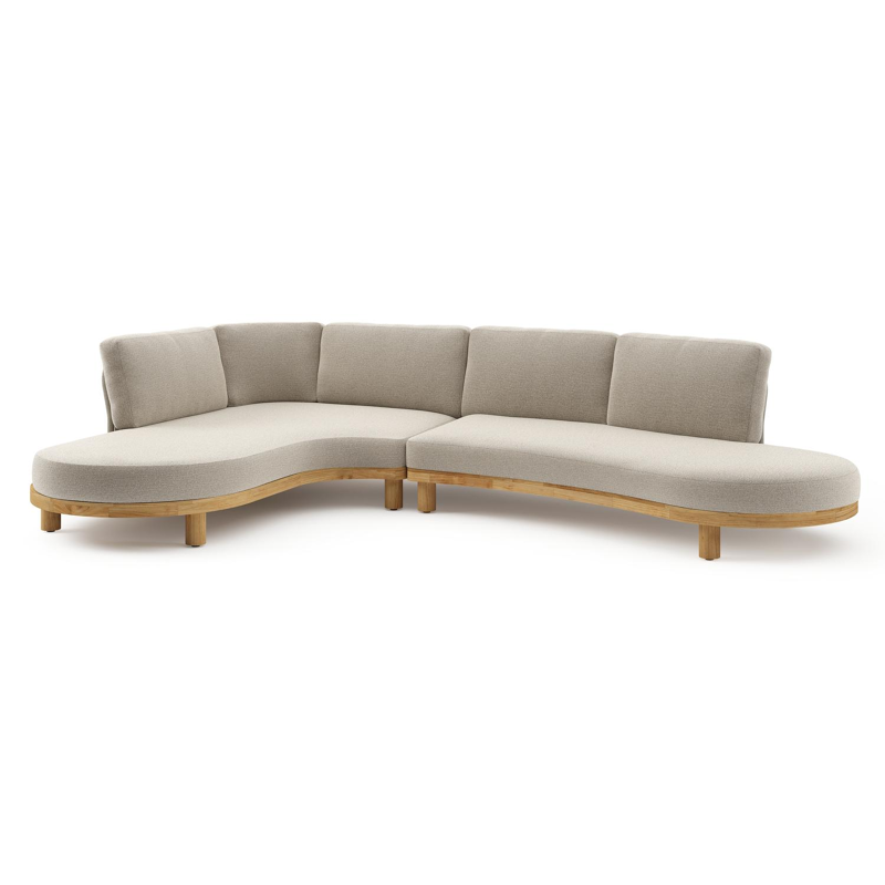 Donato loungehoek in teak en beige verticaal geweven ronde rope met All Weather Cosytica Catania Sand kussen