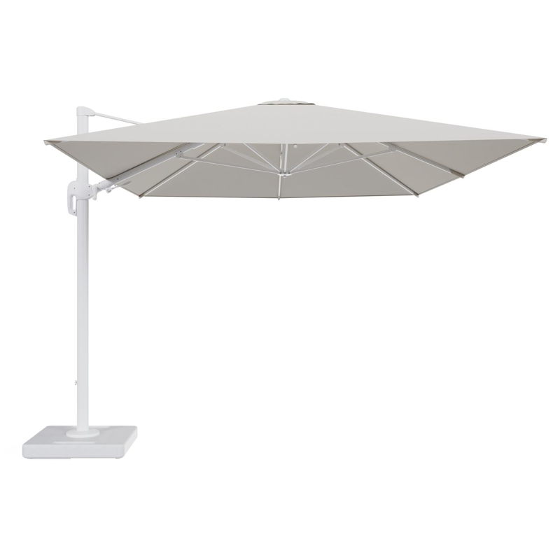 Rufina zweefparasol tiltfunctie in wit aluminium en parasoldoek in All Weather Sunbrella® Luxe Lopi Marble - L1 400 x L2 300 cm met parasolvoet Lapido 160 kg