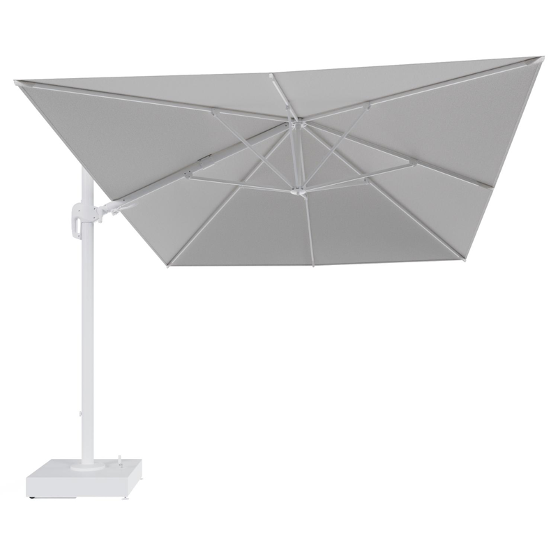 Rufina zweefparasol met tiltfunctie in wit aluminium en Ego Birch All Weather Solica parasoldoek - L1 400 x L2 300 cm met parasolvoet Minore 150 kg met wielen