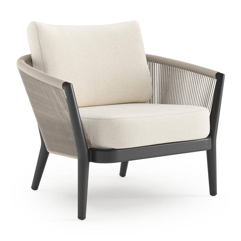 Orso loungestoel in zwart aluminium en beige verticaal geweven ronde rope met Natte White all weather sunbrella® luxe kussen