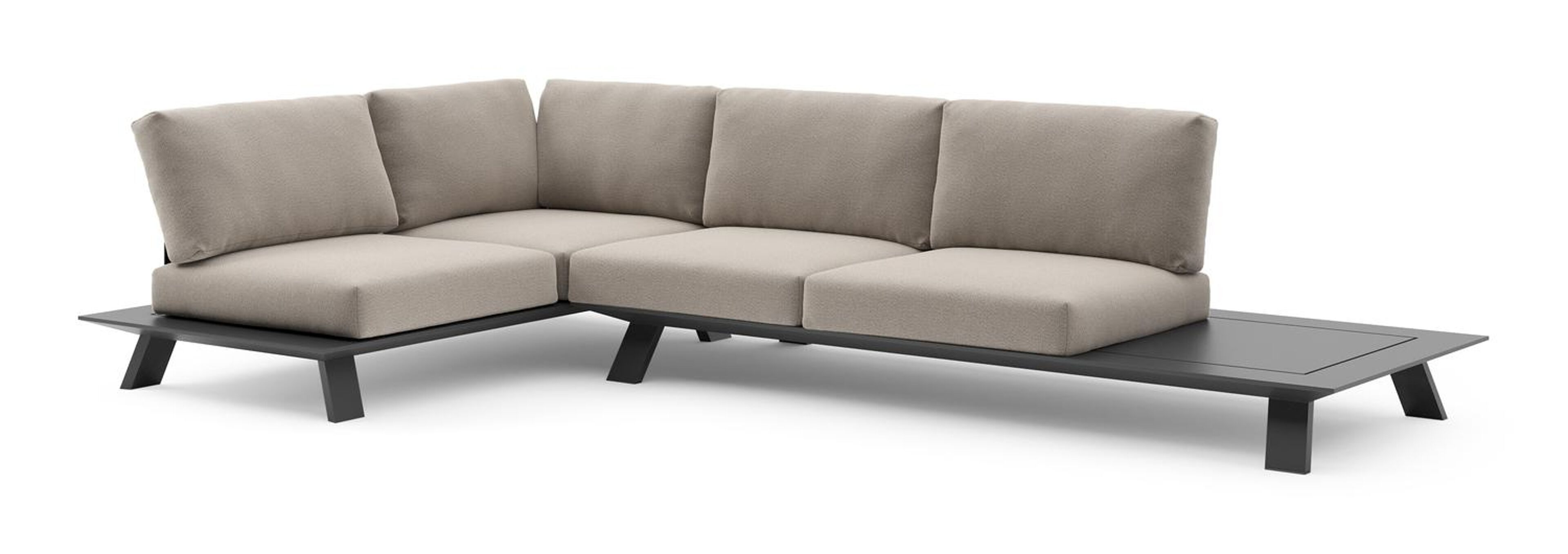 Salon de jardin d'angle Cesano en aluminium noir et coussin en all weather Sunbrella® luxe savane coconut