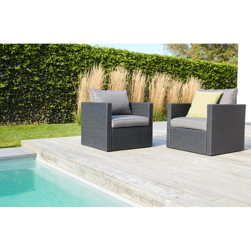 Gio loungezetel 1-zit in zwart aluminium en zwart wicker met grijs polyester kussen