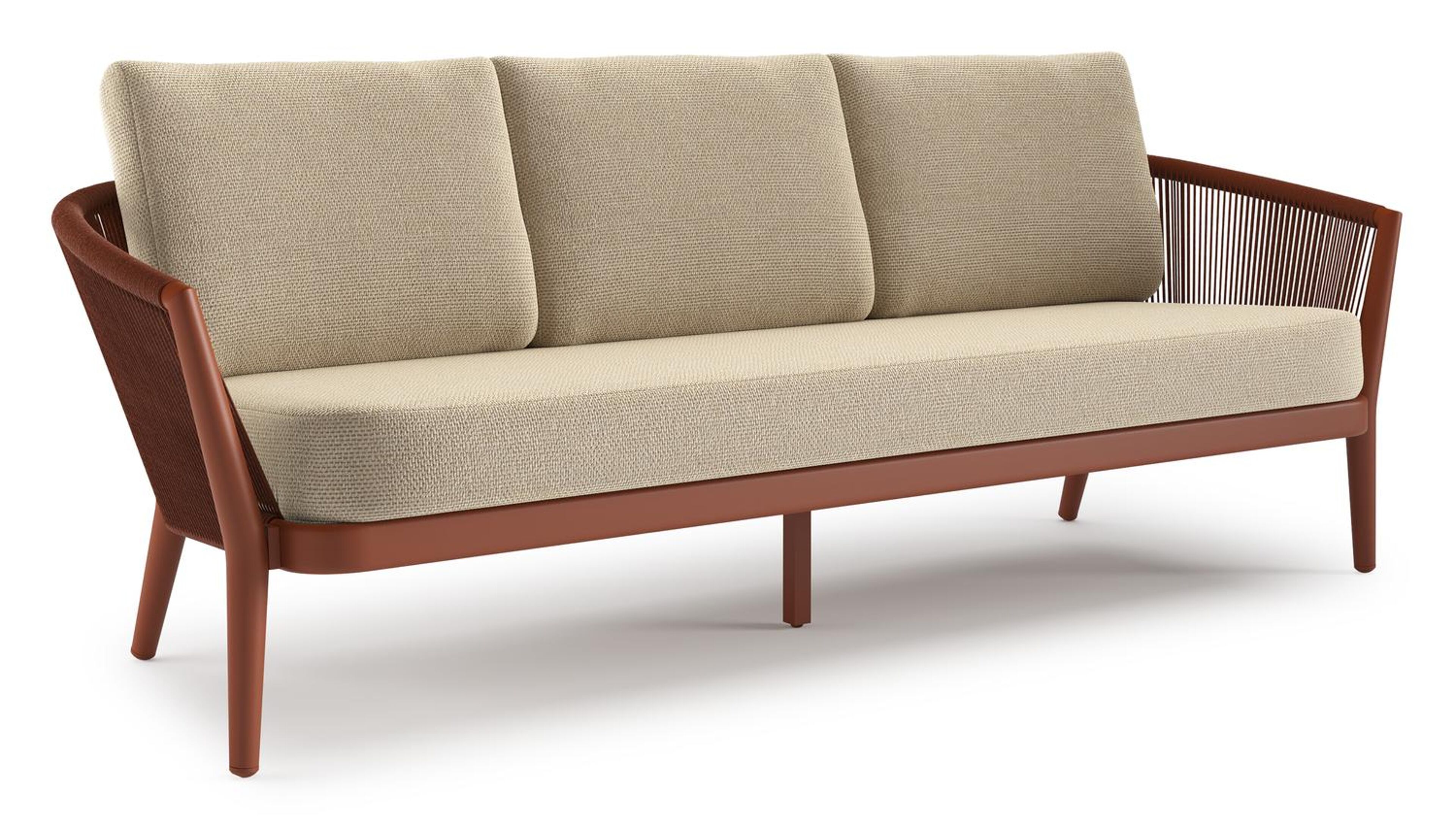 Orso loungebank in roestbruin aluminium en roestbruin verticaal geweven ronde rope met Althea Camel all weather cosytica kussen