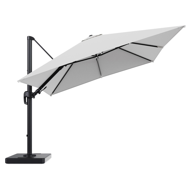 Parasol pendant Rufina avec fonction tilt en aluminium noir et toile de parasol en All Weather Solica Ego Birch - Lg.1 300 x Lg.2 300 cm avec pied de parasol Lapido 160 kg