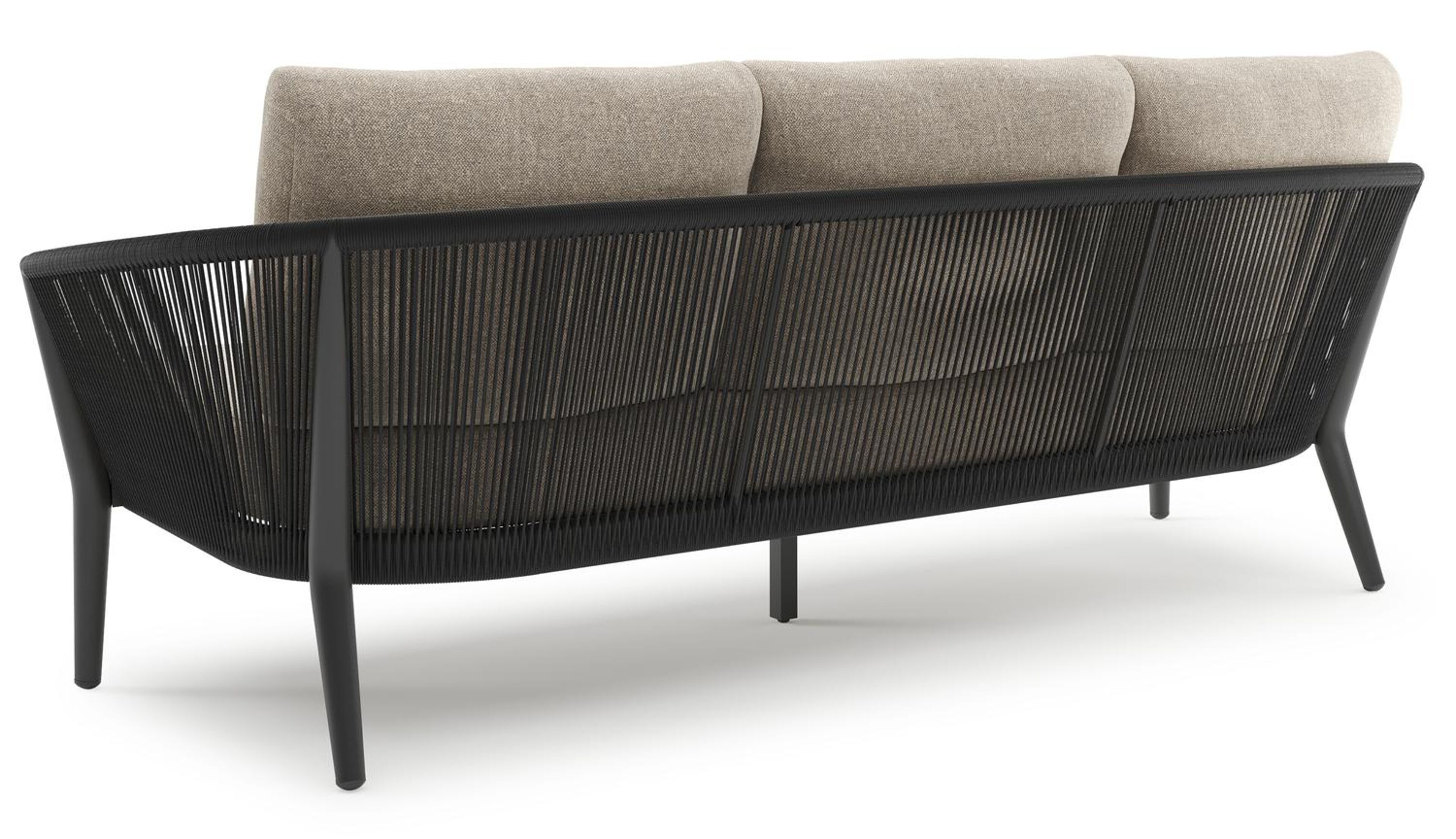 Orso loungeset in zwart aluminium en zwart verticaal geweven ronde rope met Chartres Pewter all weather sunbrella® luxe kussen