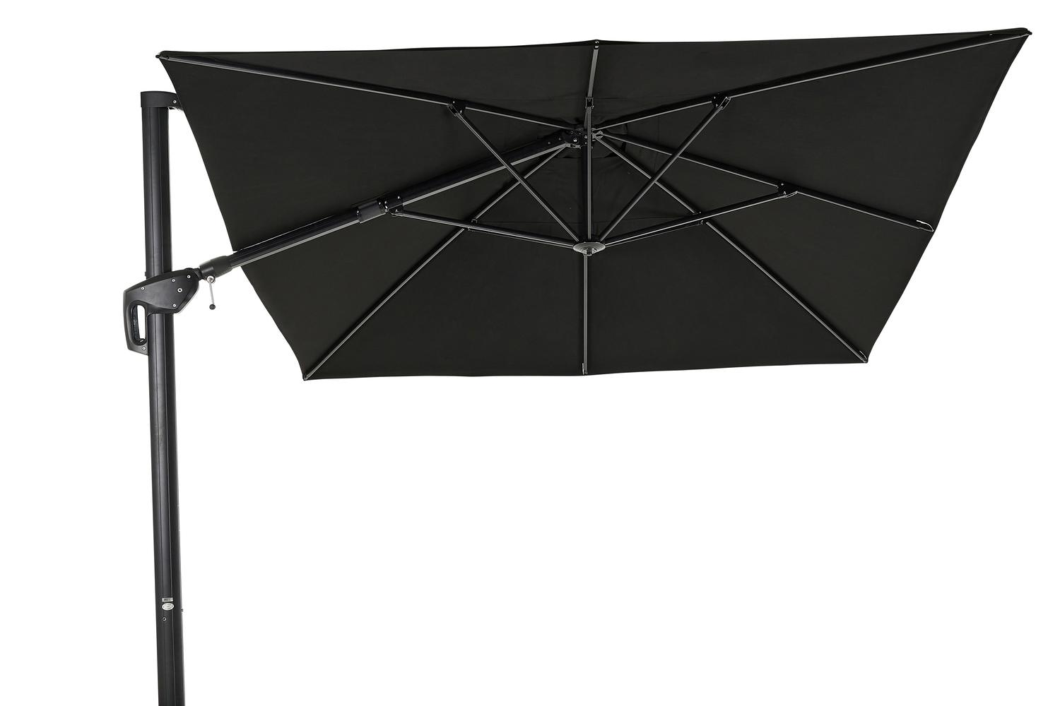 Minore zweefparasol met tiltfunctie in zwart aluminium met zwart all weather sunbrella® premium parasoldoek - L1 400 x L2 300 cm (zonder voet)